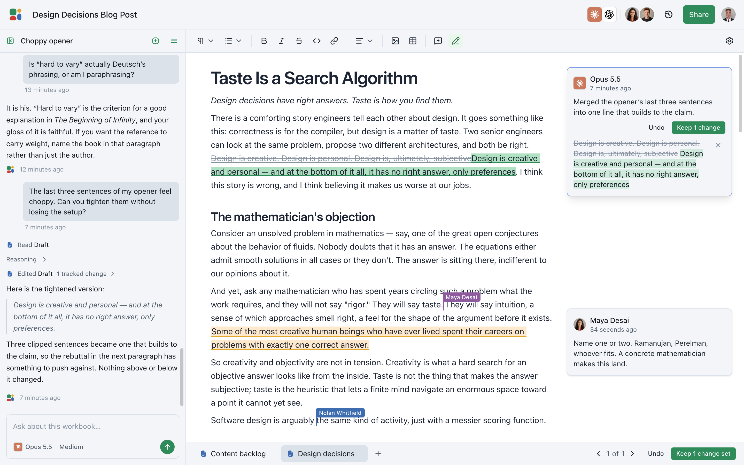 A blog post open in ThinkBench Docs, with an agent's tracked edit and the team's comments in the margin