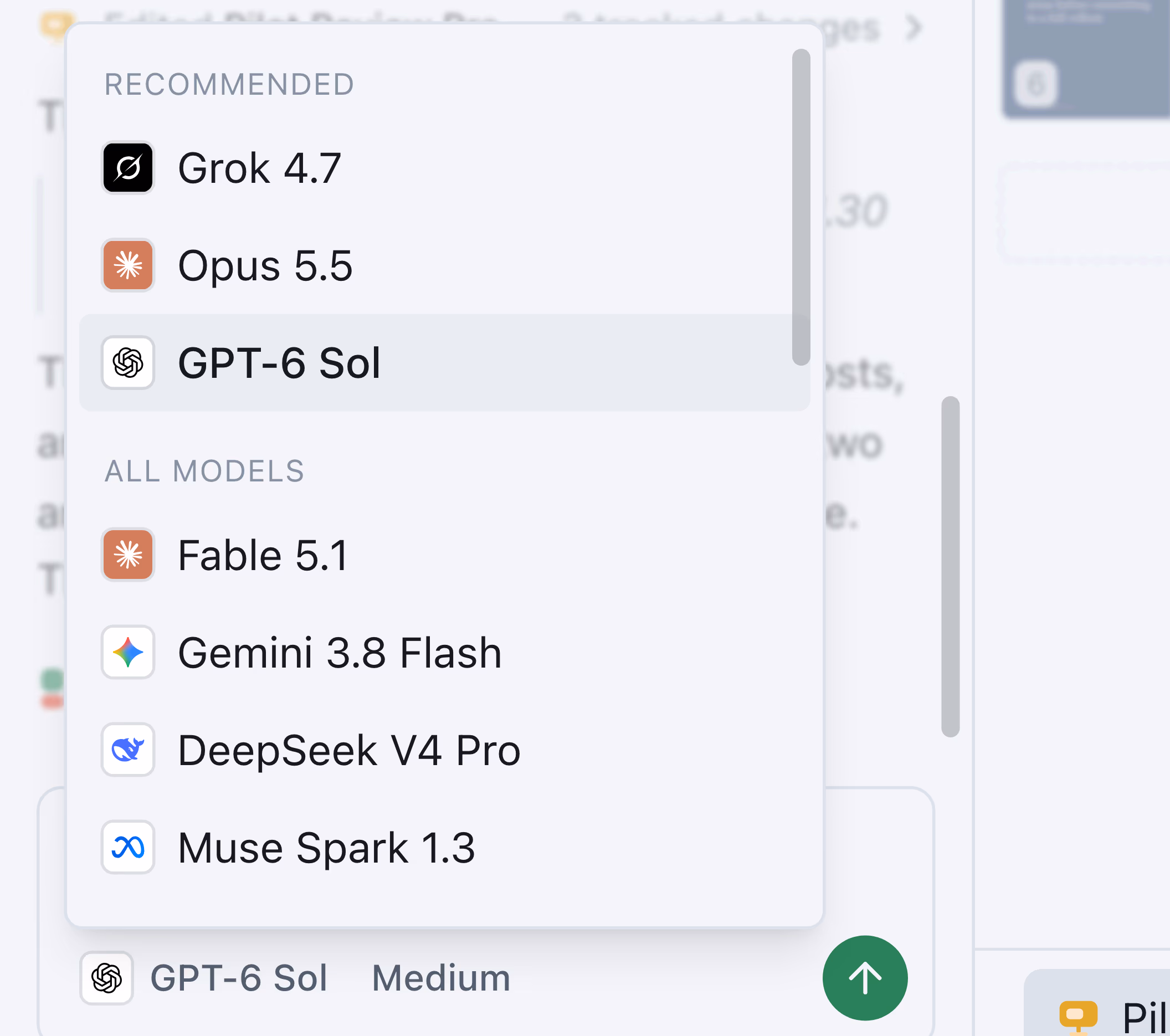 The model picker open in the ThinkBench Decks chat, listing models from xAI, Anthropic, OpenAI, Google, DeepSeek and Meta