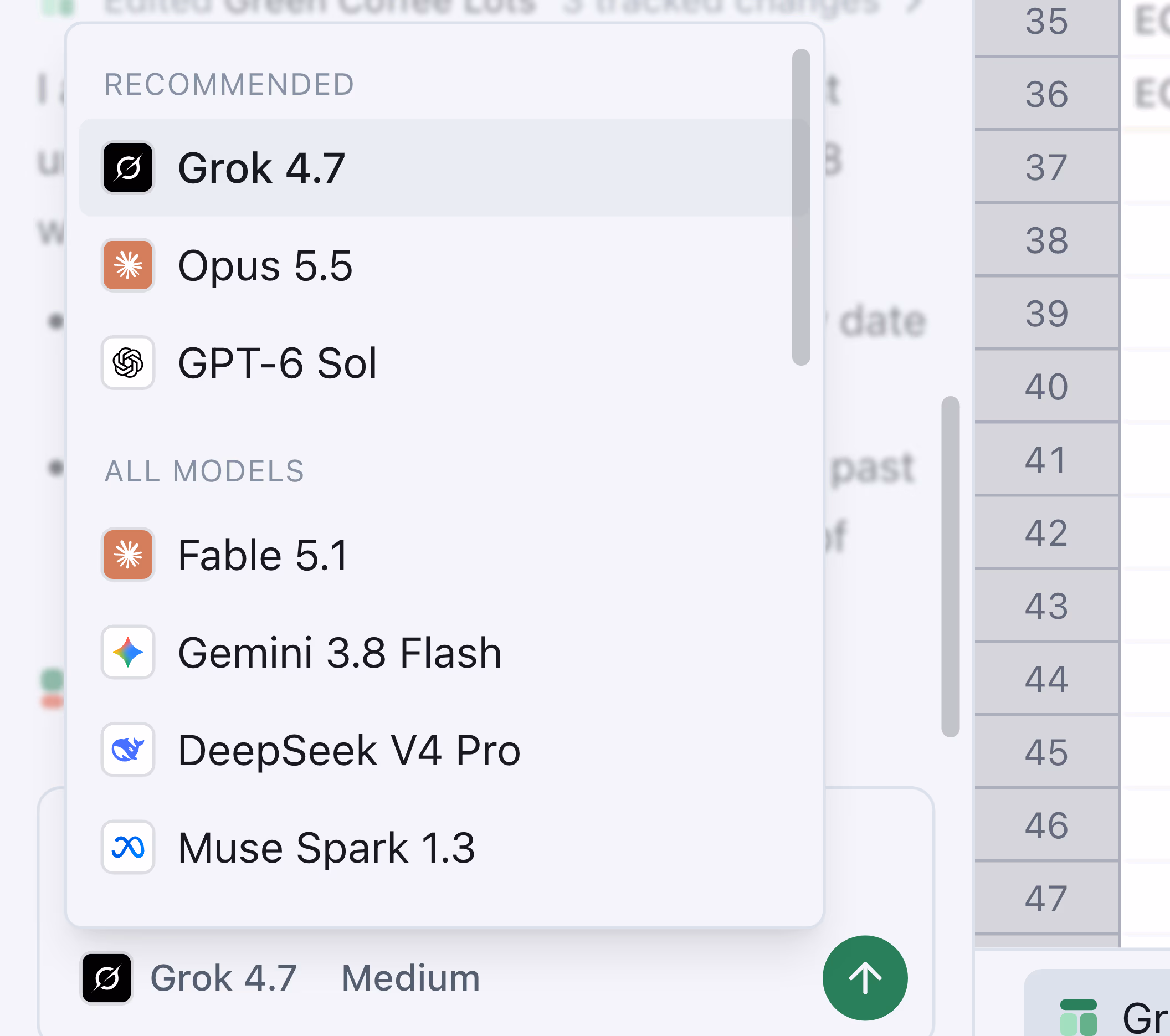The model picker open in the ThinkBench Grids chat, listing models from xAI, Anthropic, OpenAI, Google, DeepSeek and Meta