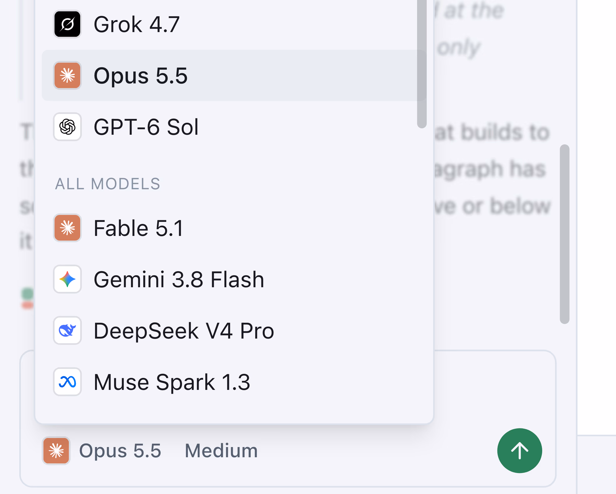 The model picker open in the ThinkBench Docs chat, listing models from xAI, Anthropic, OpenAI, Google, DeepSeek and Meta