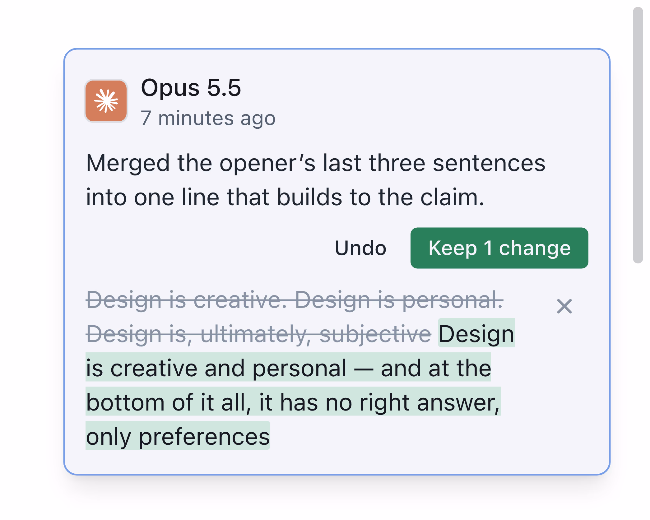 An agent's tracked change in the opening paragraph, and its card in the margin with buttons to undo it or keep it