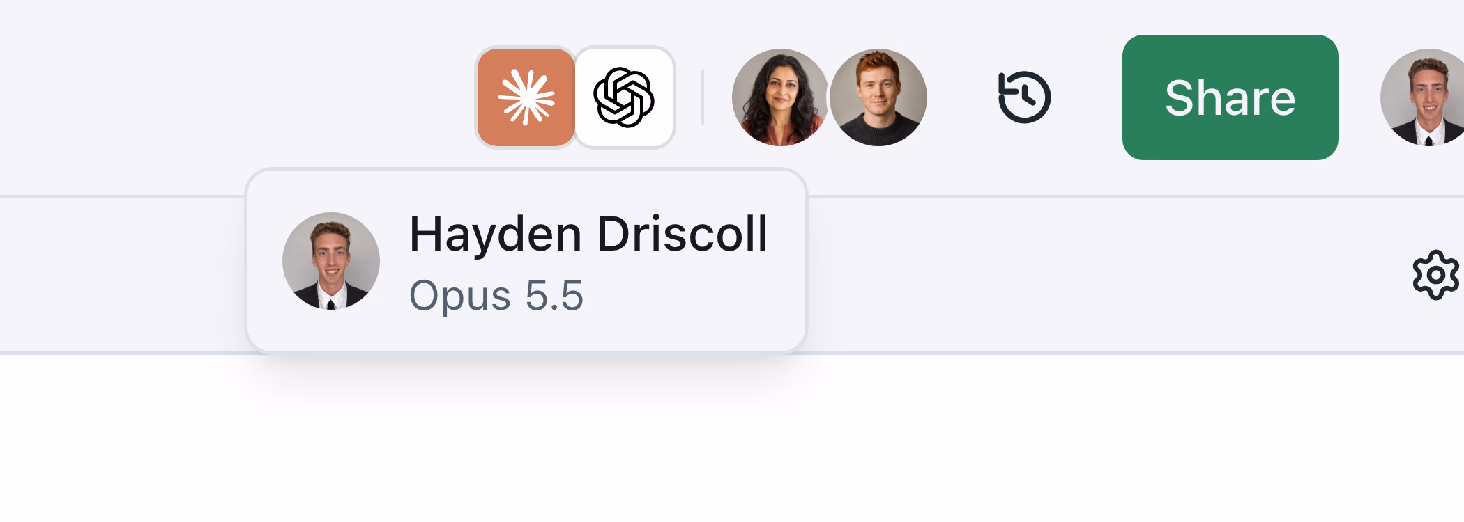 The pointer on an agent in the workbook's header, and its tooltip: Opus 5.5, at work for Hayden Driscoll