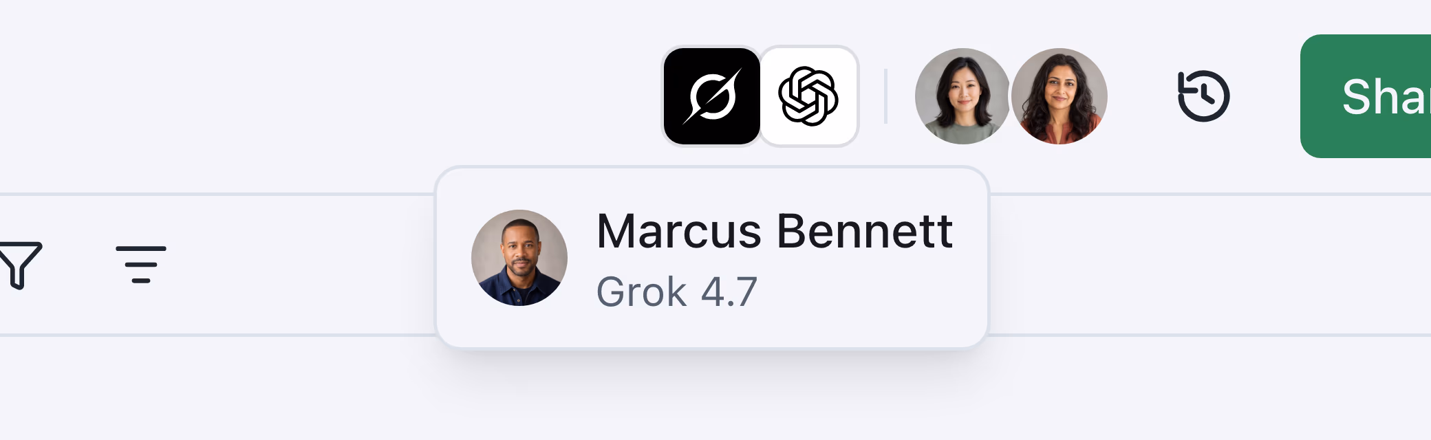 The pointer on an agent in the workbook's header, and its tooltip: Grok 4.7, at work for Marcus Bennett