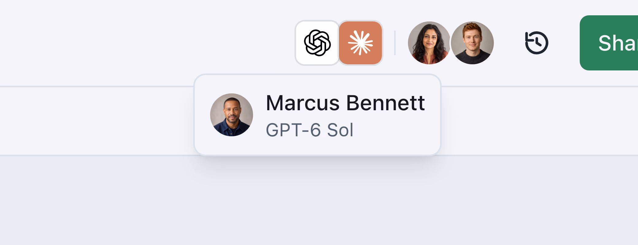 The pointer on an agent in the workbook's header, and its tooltip: GPT-6 Sol, at work for Marcus Bennett