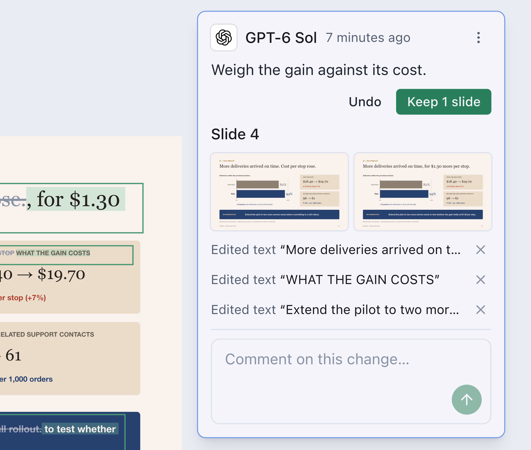 Three tracked edits on a slide, and the agent's card beside it listing them under before and after thumbnails, with buttons to undo them or keep them