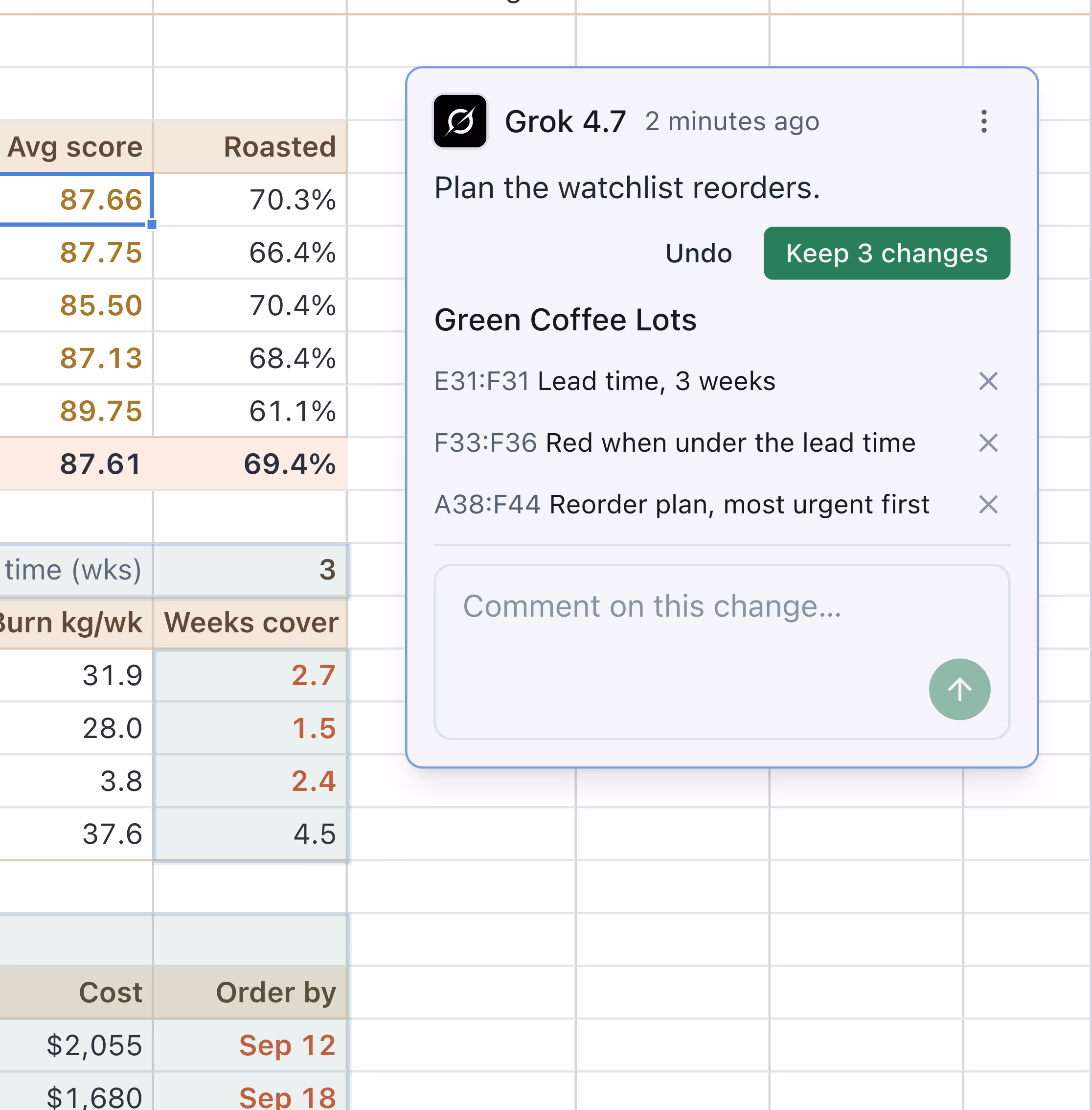 Three tracked changes on a sheet: a lead time input, weeks of cover turned red, and a new reorder plan, beside the agent's card listing each range