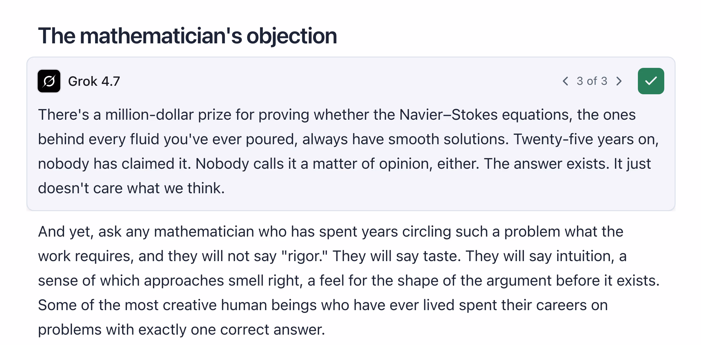 Grok's rewrite of a paragraph, the third of three, paging between them above the rest of the page