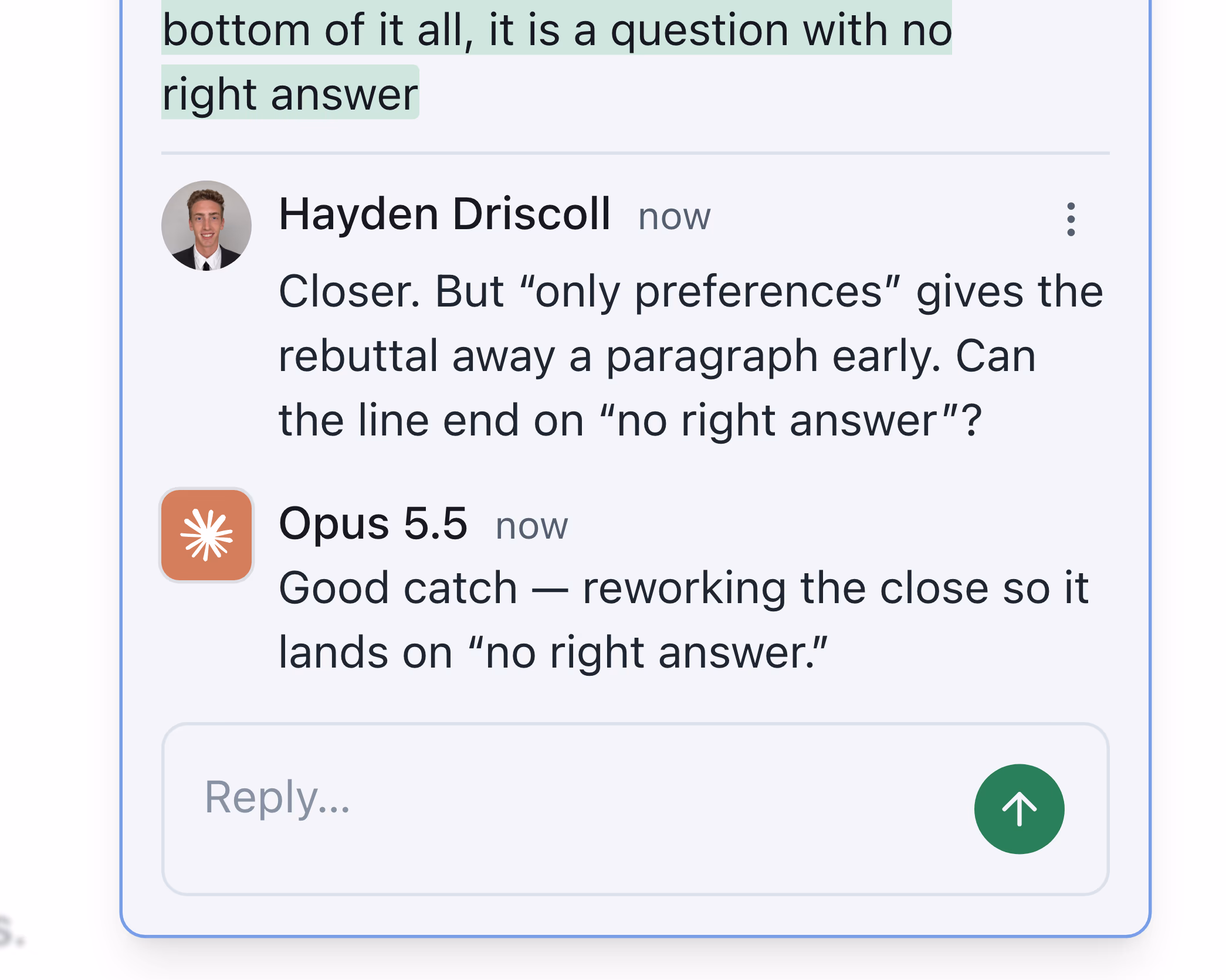 A teammate's reply inside the agent's card, and the agent's answer beneath it
