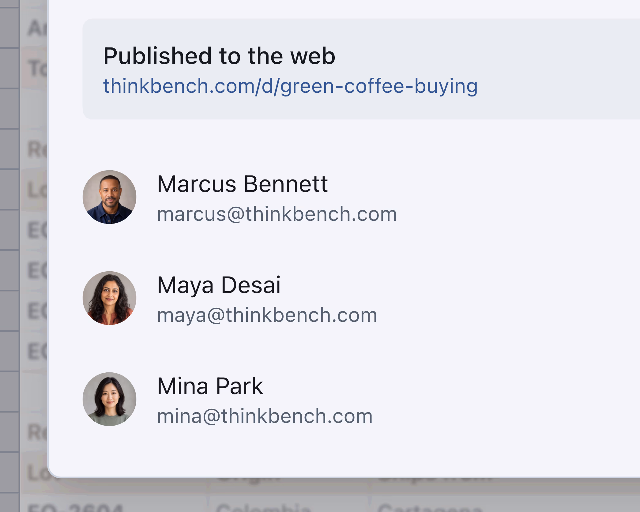 The share dialog, listing three people by name and email under a published link to a read-only copy