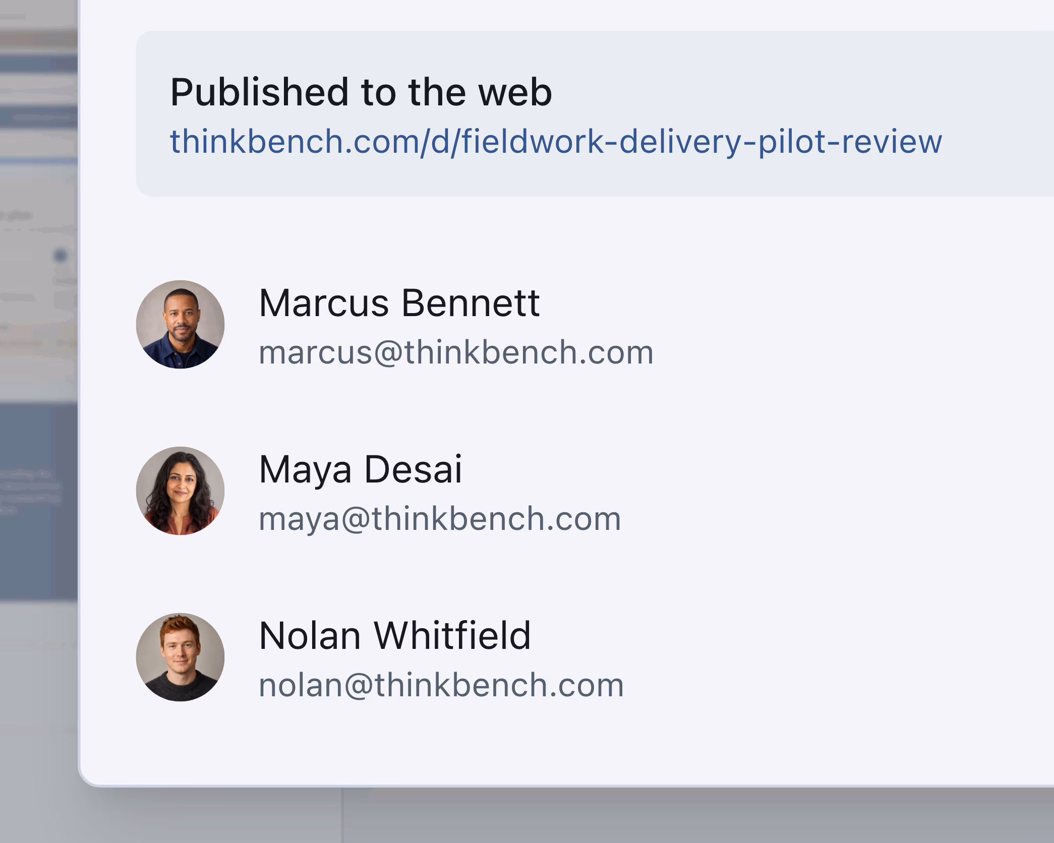 The share dialog, listing three people by name and email under a published link to a read-only copy
