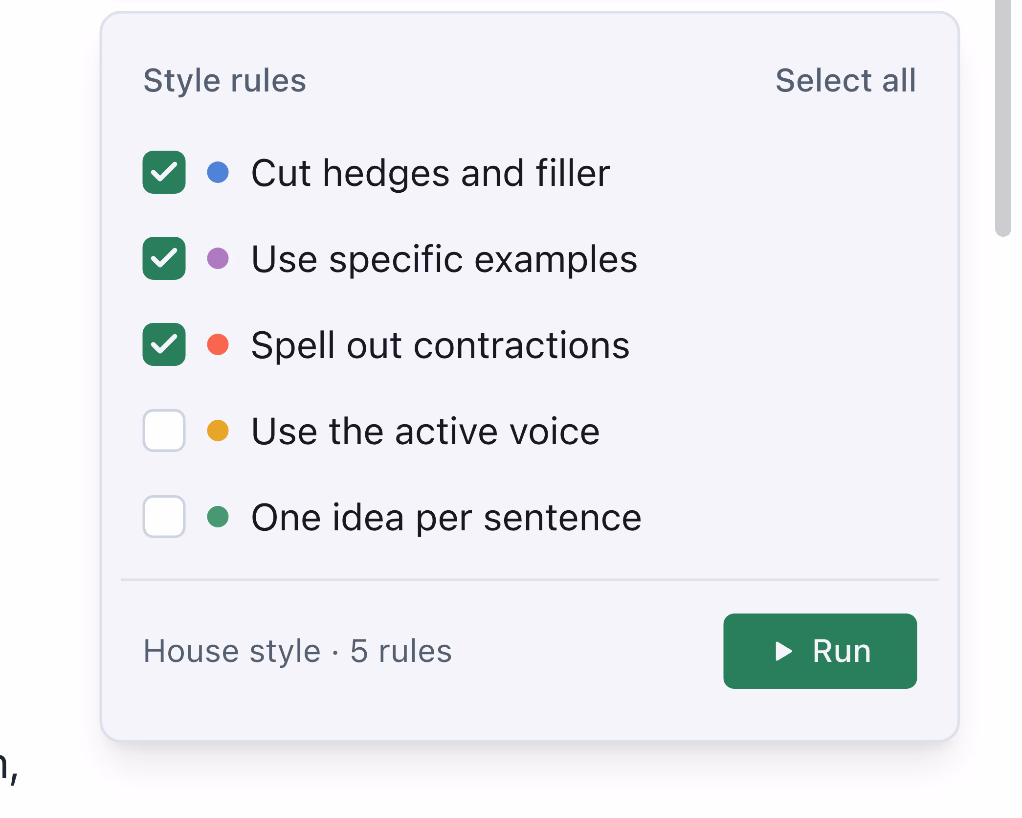 A list of style rules with three of the five ticked, above a button to run them