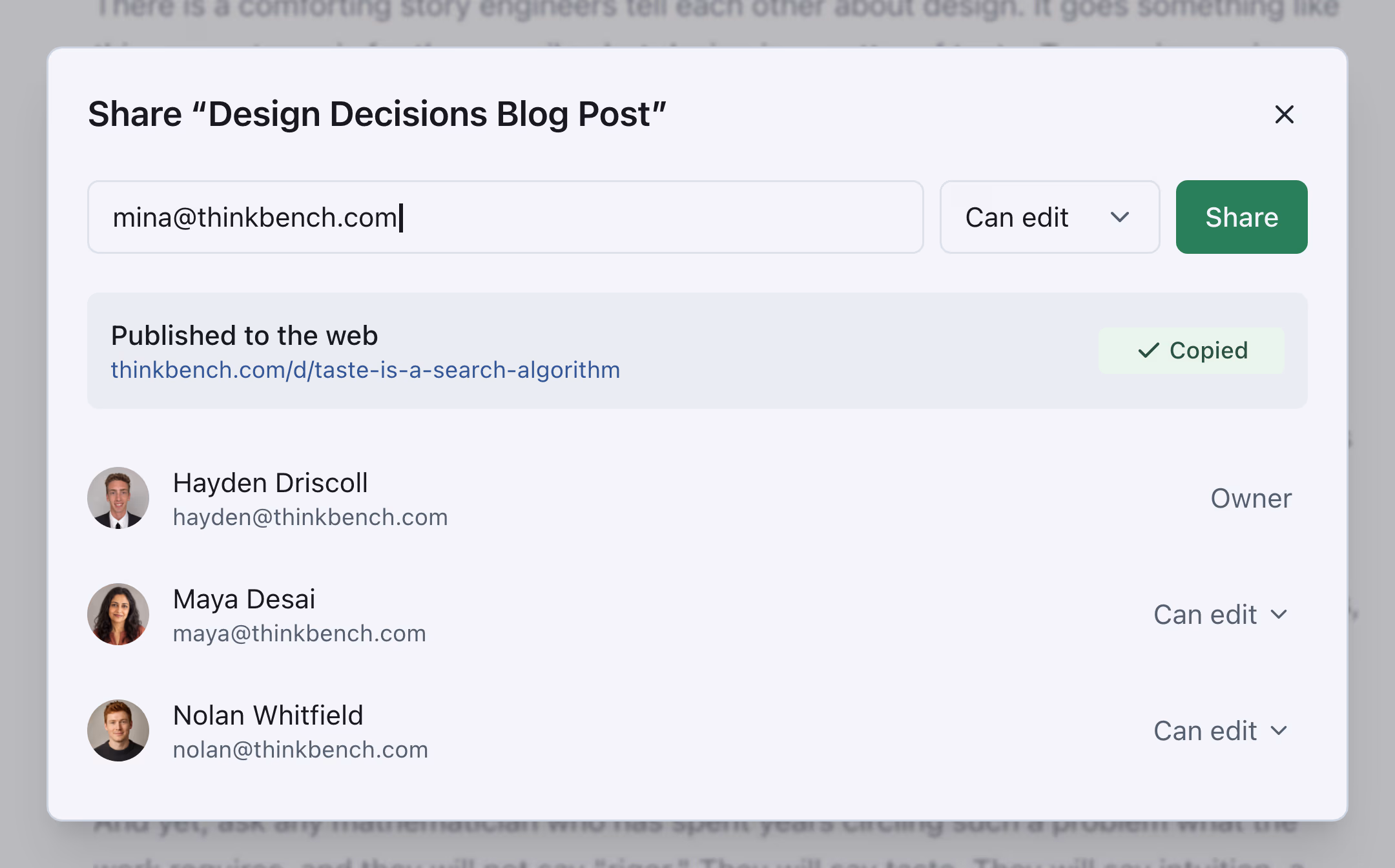 The share dialog, listing three people by name and email under a published link to a read-only copy